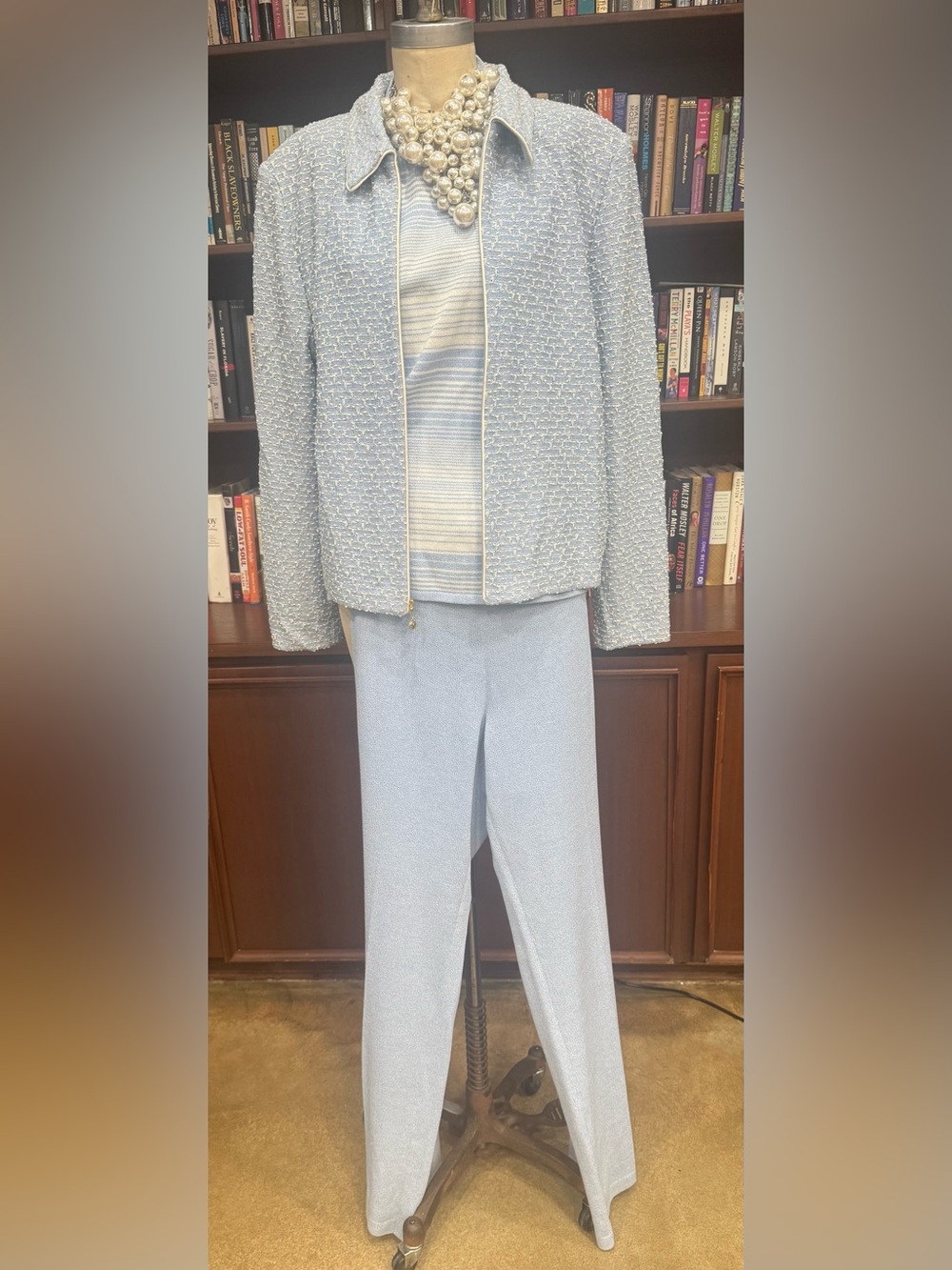 St. John Collection Pale Blue Nubby Knit Jacket, Pants and Santana Knit Top Set